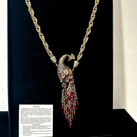 Vintage Red Lotus Peacock Statement Necklace Gold Tone Red Tassel Rhinestone