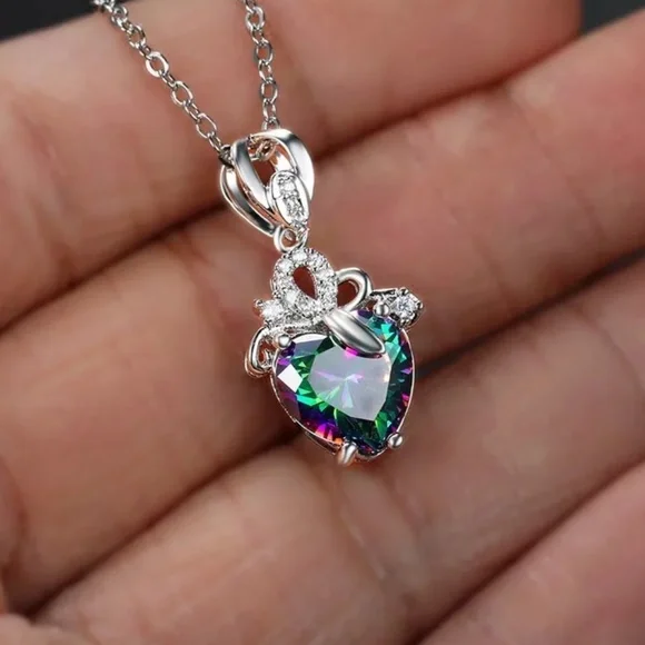 Sterling Silver Rainbow Zircon Stone Multicolor Pendant Necklace