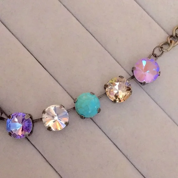 Turquoise, Lilac Purple Opal AB + Champagne Topaz Antique Brass Crystal Necklace