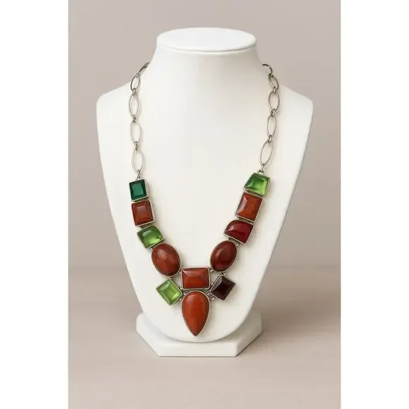Vintage Artisan Sterling Silver Geometric Carnelian Agate Glass Y Necklace