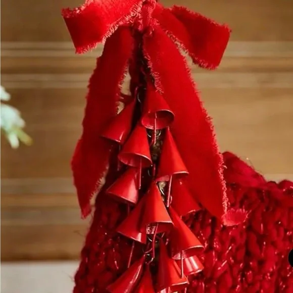 Anthropologie Terrain Red Bell Charm Christmas Twisted Jute Rope To Hang 12” NEW