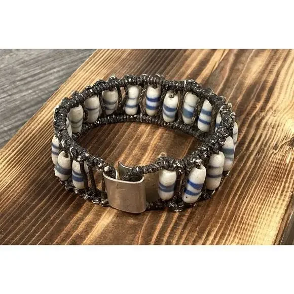 Vintage Tribal Sand Cast Beaded Ladder Woven Bracelet Silver Clasp Signed 8.25”