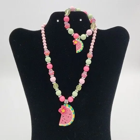Girls Necklace and Bracelet Set Summer Pastel Beads Watermelon Pendant New