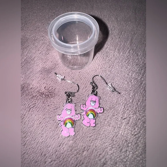 Pink Bear Earrings with Rainbow Design