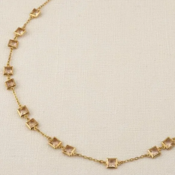 J. Crew Gold Tone & Peach/Champagne Square Crystal Station Necklace 33