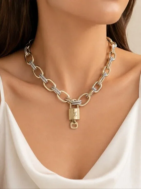 Authentic Louis Vuitton Gold Padlock w/ Unbranded Fashion Geometry Necklace