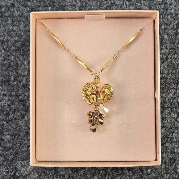 Kirks Folly Cherub Angel Necklace Gold Tone Crystal Bead Pendant 17