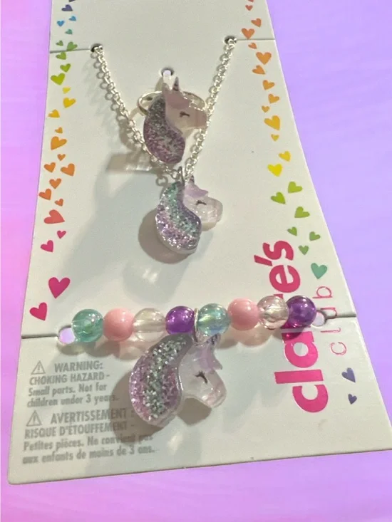 Claire's Purple Glitter Unicorn Necklace, ring & Pastel Bead Bracelet Set 1038