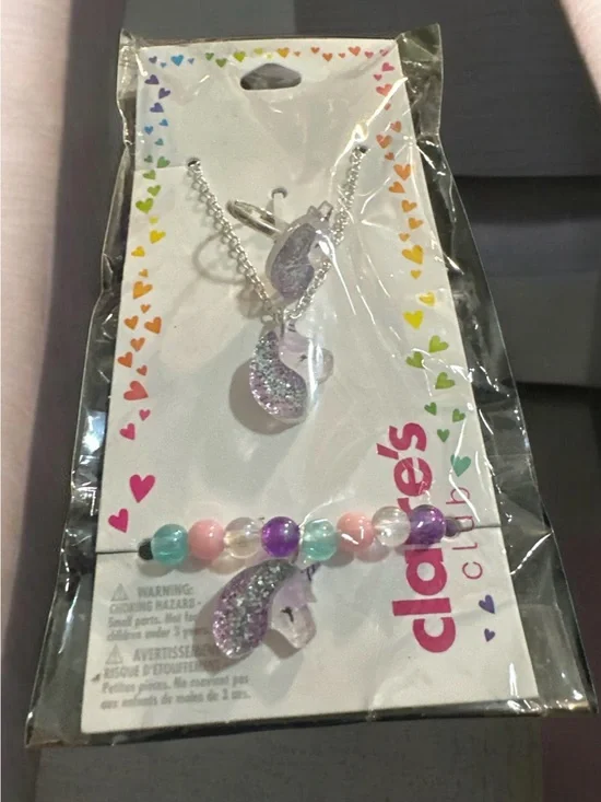 Claire's Purple Glitter Unicorn necklace, ring and Pastel Bead Bracelet Set 1037