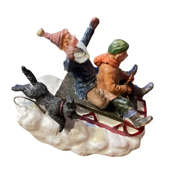 Lemax Christmas Village Town‎ Downhill Fun 52030 Sledding With Dog Toboggan