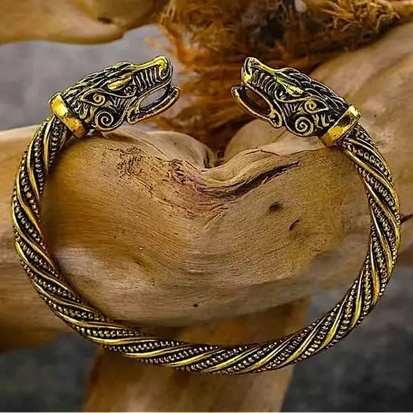 Gold Viking Wold Head Vintage Norse Arm Band Cuff Bangle Bracelet