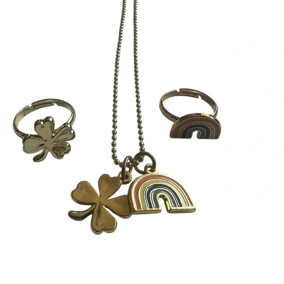 Gold Clover Rainbow Necklace Ring Jewelry Set