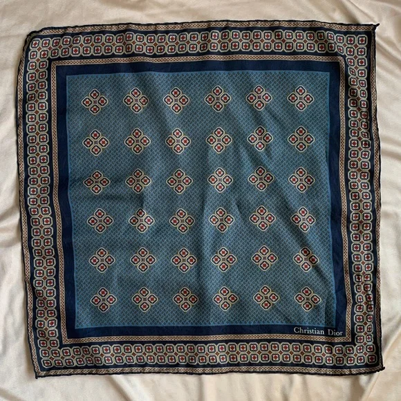 Vintage Christian Dior Silk Geometric Print Scarf | Blue Dior Silk Scarf