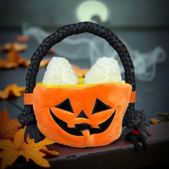 NEW Bark Box Fall Sweet Squeak Swag Bag Candy Corn Pumpkin Plush Basket