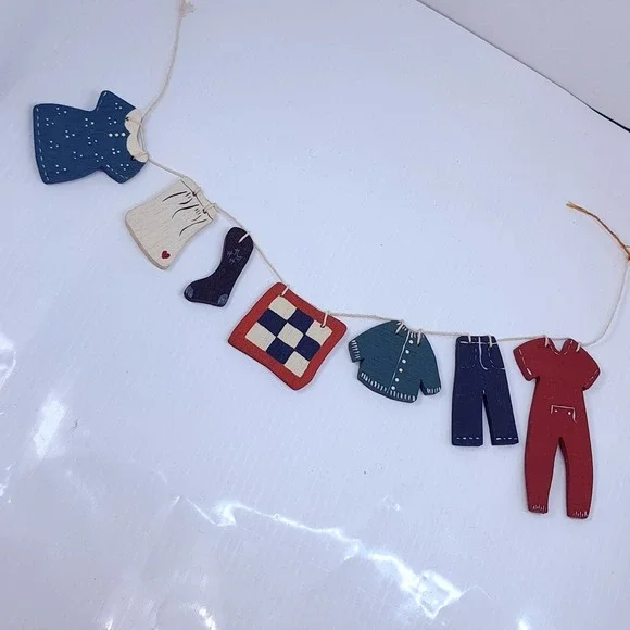 Wooden Laundry Decor Clothes on Clothes Line garland Farmhouse primitive cottage