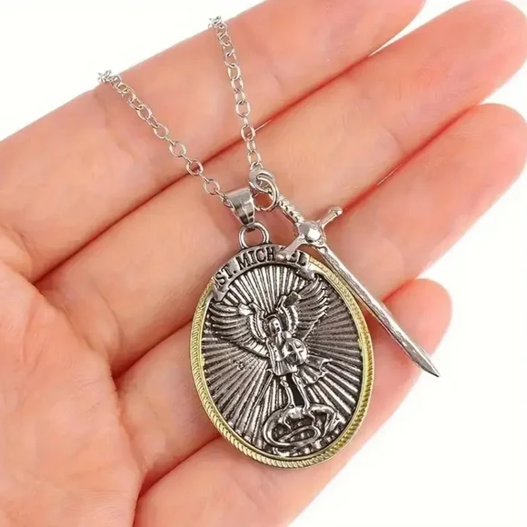 Archangel St. Michael Silver Tone Pendant Chain Necklace