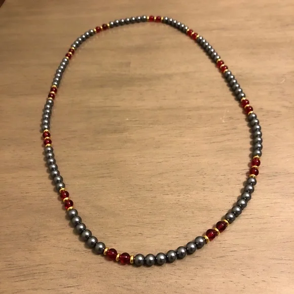 Vintage Red Gold and Metallic Gunmetal Silver Beaded Necklace