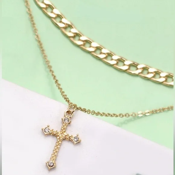 DOUBLE LAYER CROSS CHARM PENDANT NECKLACE gold plated set