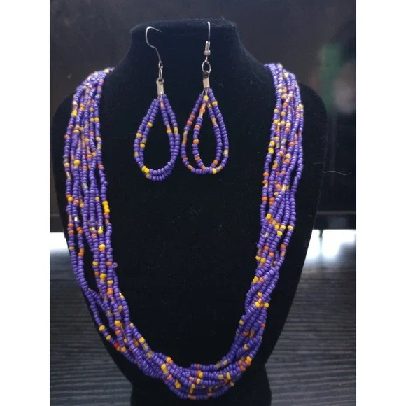 Handmade Purple Multi Strand‎ Seed Bead Necklace & Teardrop Earrings Set Boho...