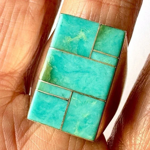 Navajo Turquoise Mens Ring Sz 11 Signed WG Sterling Inlay Rect Native American