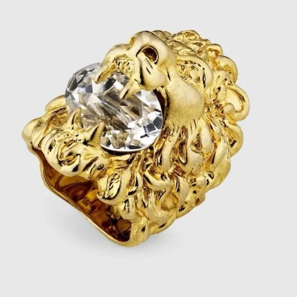 Gucci Gold Lion Ring with Clear Crystal