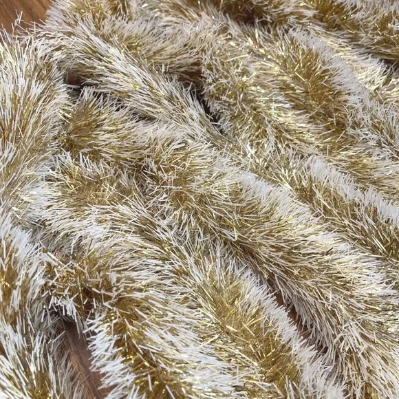Vtg MCM Christmas Double Glo Tinsel Garland Snow Soft‎ Fluffy gold 24ft Frosted