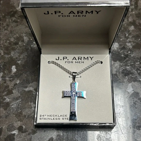 J.P. Army Men's Jewelry Stainless Steel 24 Inch Link Cross Pendant Necklace