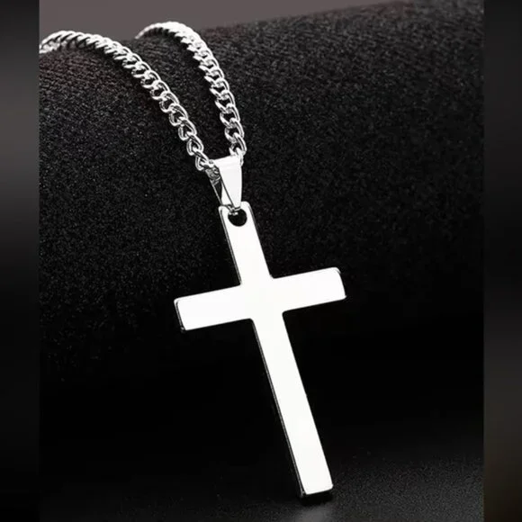 Men Silver Cross Charm Necklace, For Jewelry Gift And Party