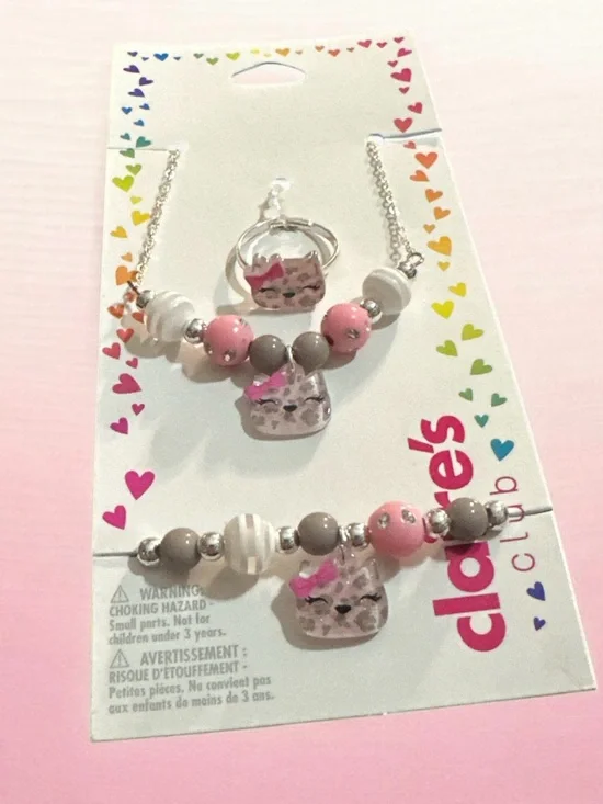 Kids Pink Cat Bead Jewelry Set — Necklace, Bracelet & Ring 1047