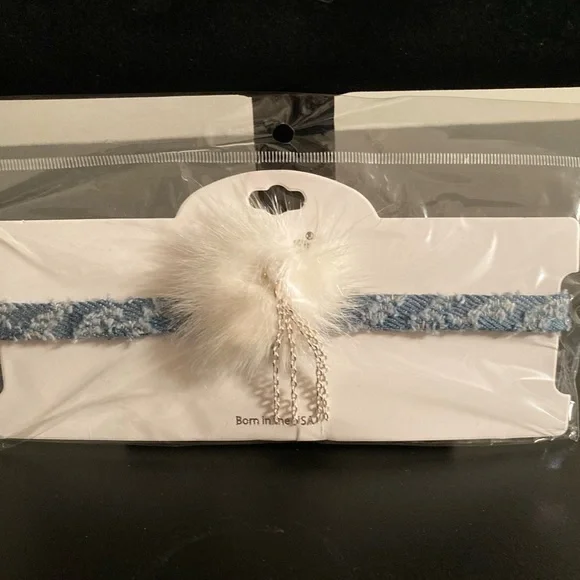 MIA choker blue denim w/ white feather + silver tone chain details