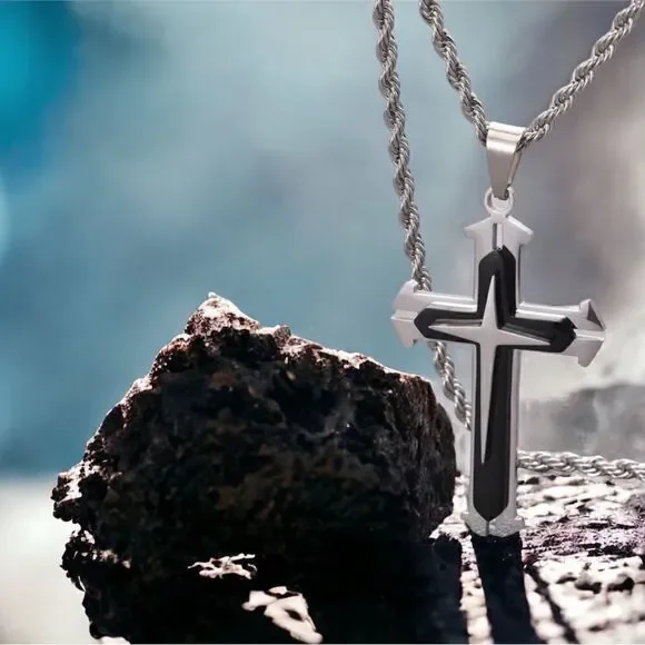 Men’s Necklace l 2” Cross Pendant l Stainless Steel l 24” Rope Chain l New
