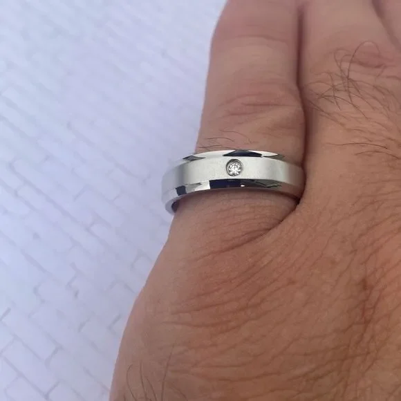 Men’s Stainless Steel Ring Size 10 Silver Band w/ CZ Accent