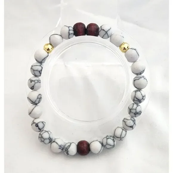White Howlite Gemstone Bracelet w/ Wood & Gold Accents – Handmade