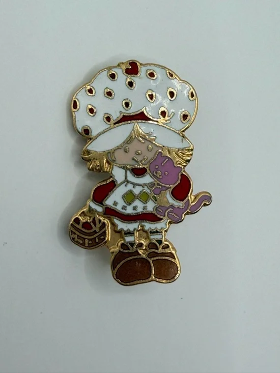 Strawberry Shortcake Vintage Enamel Pin with Pink Cat