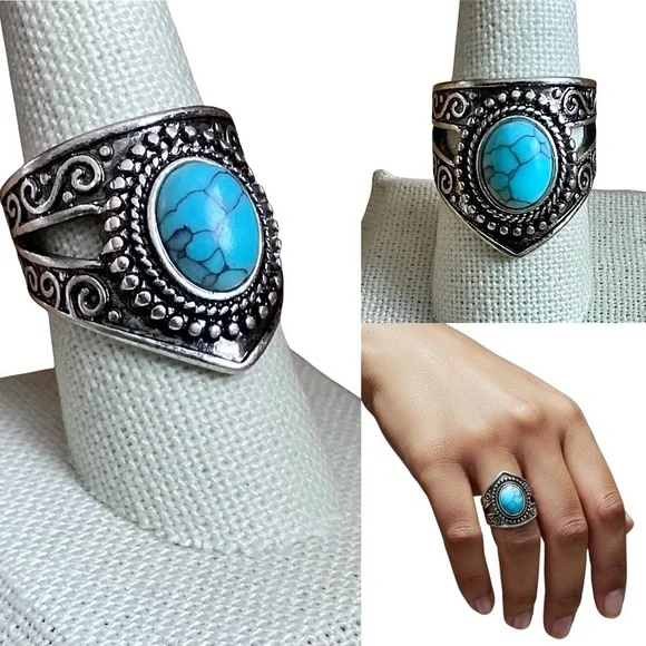 Silver Southwest Statement Ring Oval Turquoise Stone Crown Design Size 8.25