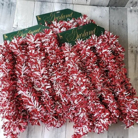 Lot of 3 Curly Red Metallic and White Holiday Garland 36ft