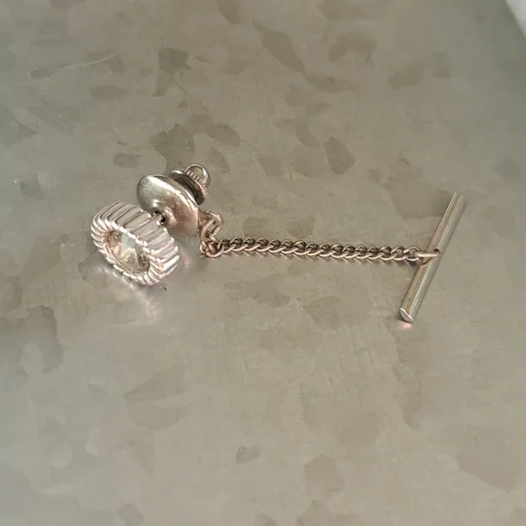 Vintage Swank Silver Tie Tack with Chain and Bar with a Smokey Glass Stone