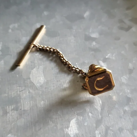 C Letter Initial Monogram Tie Tack with Chain
