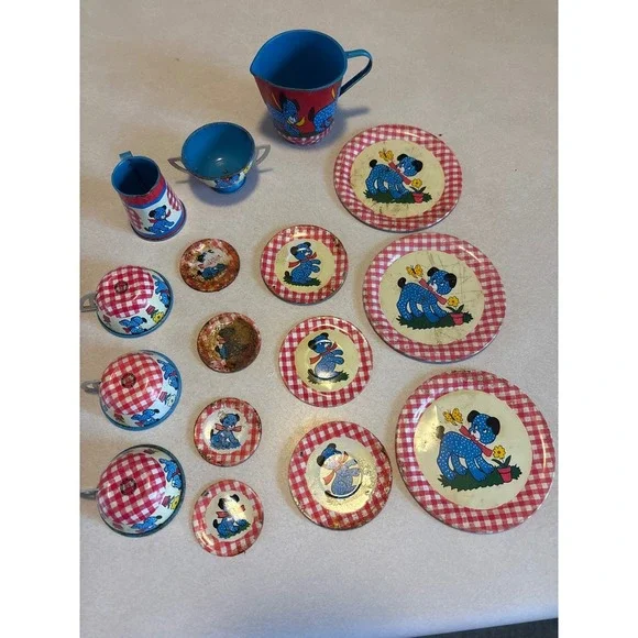 Vintage Tin Litho Toy Tea Set‎ Blue Polka Dot Dog Red Gingham Mid Century 15pc