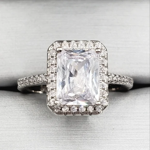 Radiant Simulated Diamond Halo Silver Tone Engagement Ring
