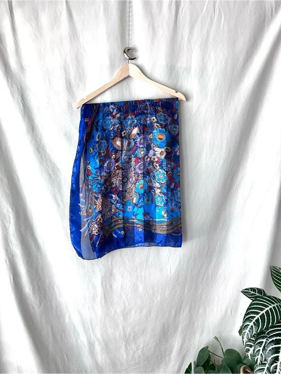 Blue Floral Silk Scarf Wrap