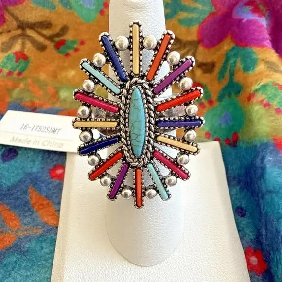 NWT Silver Tone Turquoise Multicolored Starburst Western Cowgirl Stretch Ring