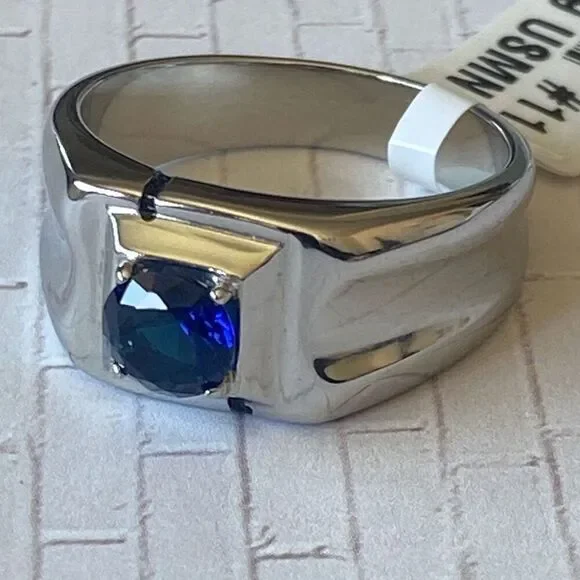 Men’s Stainless Steel Ring Size 11 Blue Stone Signet Style