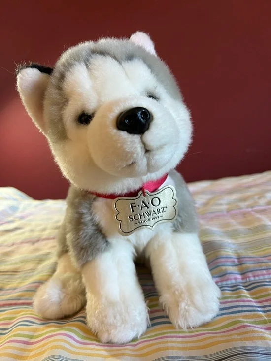 FAO Schwarz Gray and White Husky Plush Puppy‎ with Red Collar