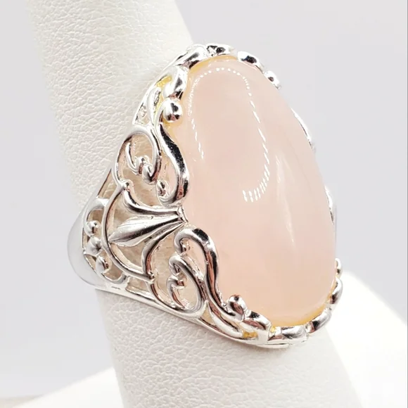 925 Sterling Silver Ring Blush Pink Ring Quartz Ring Ornate Ring size 8