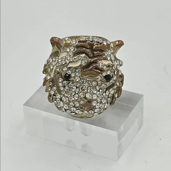 Tiger Cocktail Ring statement rhinestone brass enamel - size 7
