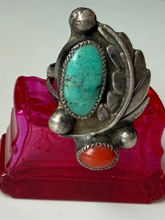 Vintage Navajo Sterling Turquoise Coral Leaf Ring Women Jewelry Size 7
