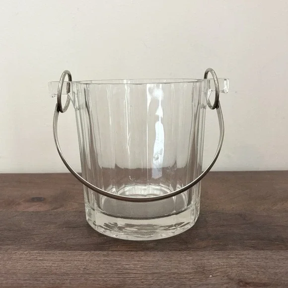 Vintage Faceted Glass Ice Bucket Handle Mid Century Heavy Paneled Barware Wine