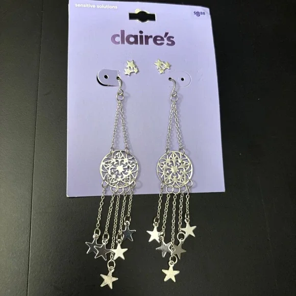 NWT Claire's Dangle Earrings Star Dreamcatcher Silver Tone; Star Studs‎
