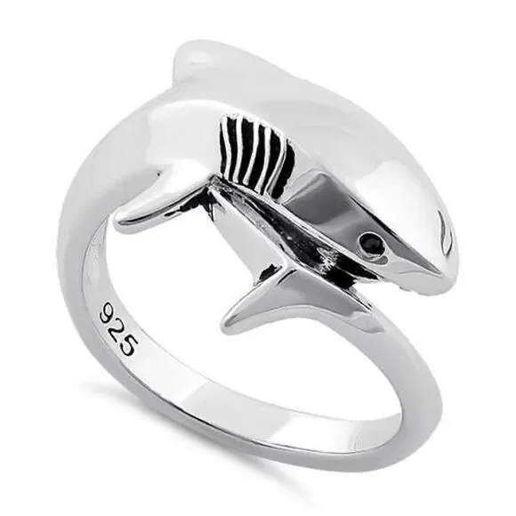 Sterling Silver Shark Black CZ Ring New
